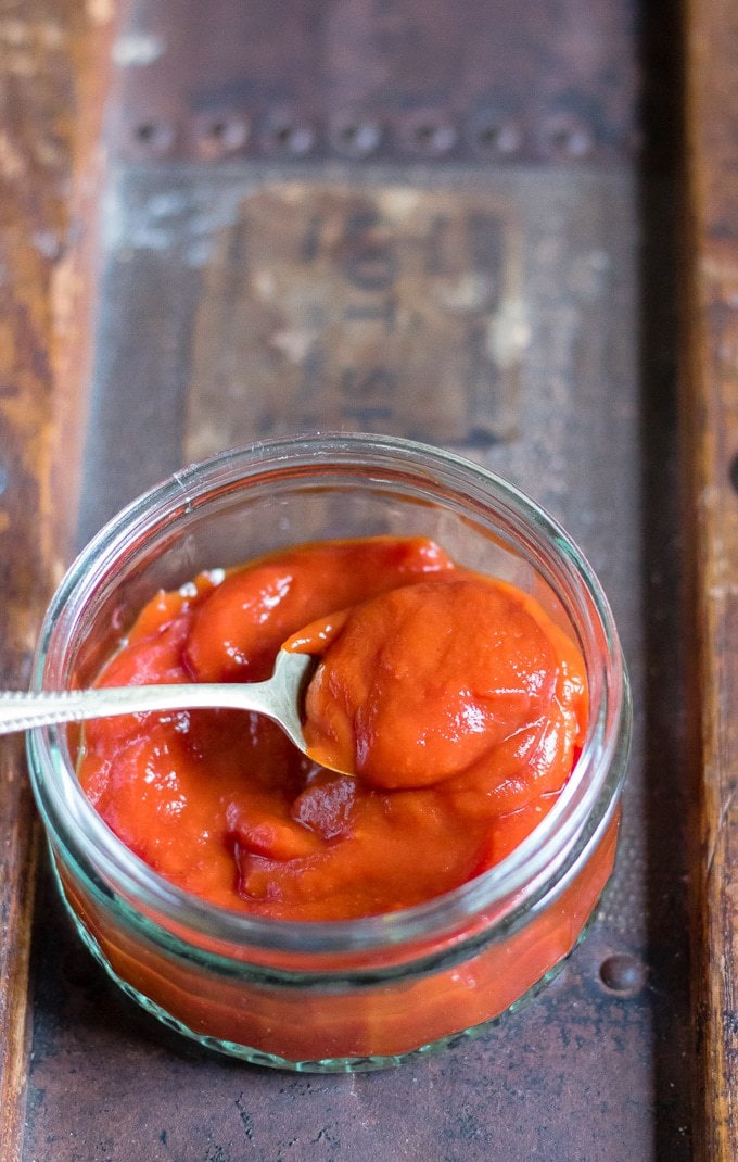 A teaspoon of thick homemade tomato ketchup - a quick and easy refined sugar-free recipe