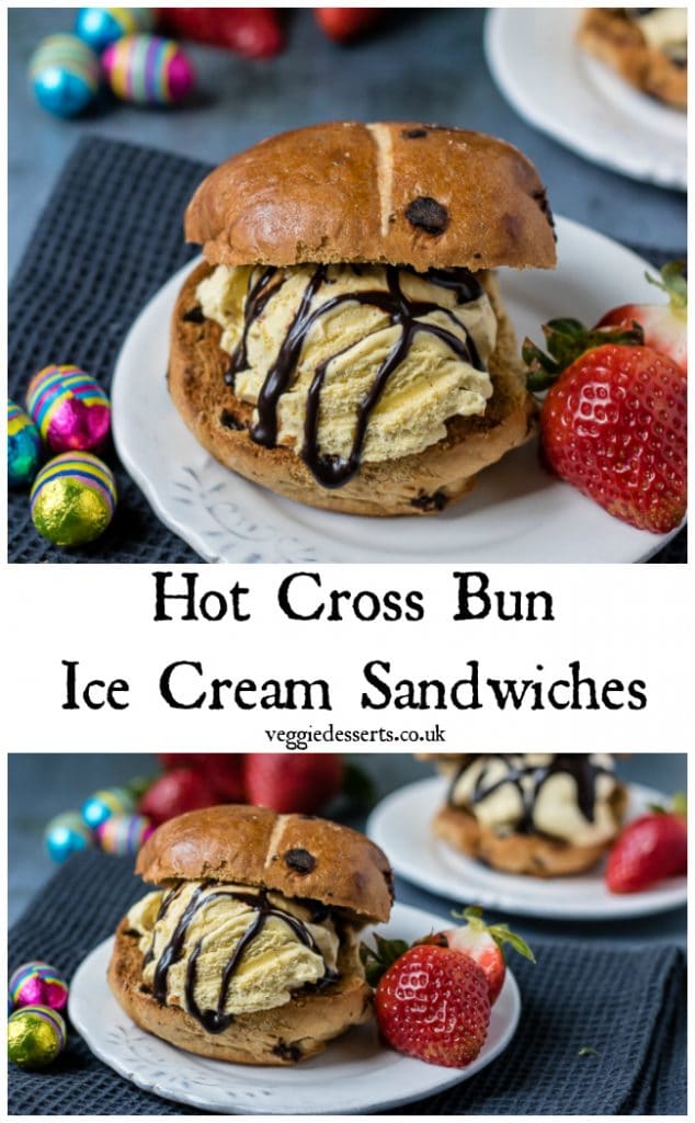 Collage: Hot cross bun with ice cream and text: hot cross bun ice cream sandwiches.