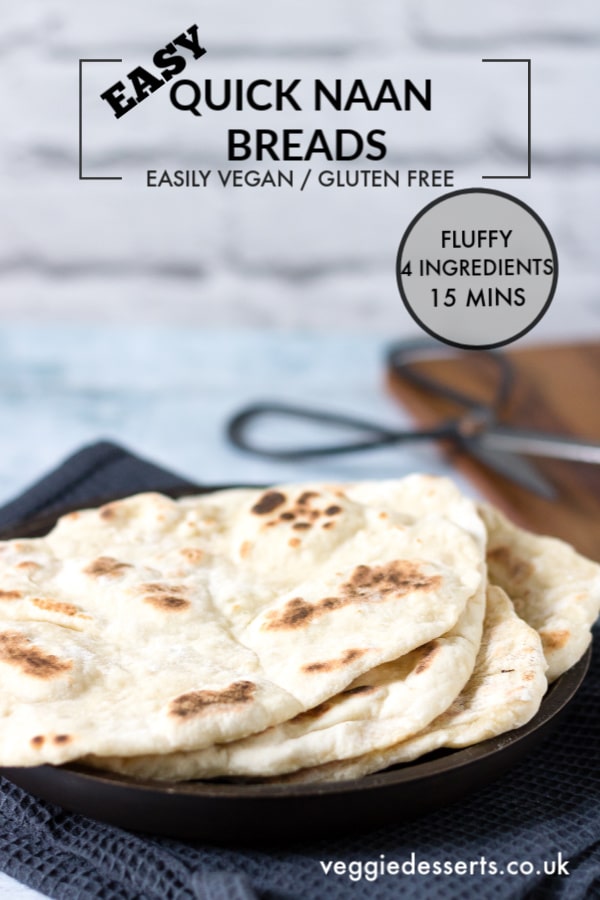 This tasty, light and fluffy easy naan bread recipe is ready in just 15 minutes with 4 ingredients! Easily vegan, gluten-free and a quick yeast free bread. #naanbread #yeastfreebread #flatbread