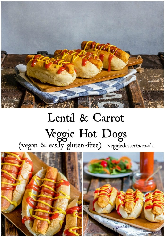 Pinterest pin for lentil and carrot veggie hot dogs (vegan and easily gluten free)