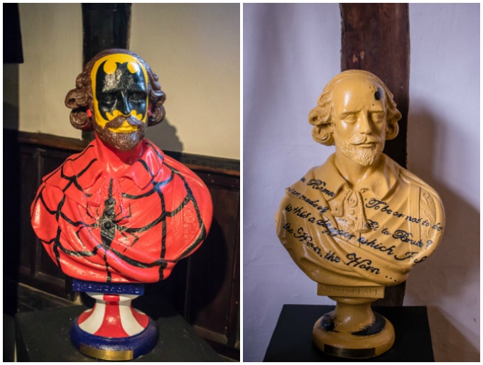A family weekend in Stratford upon Avon - painted busts of Shakespeare - one superhero, one quotes