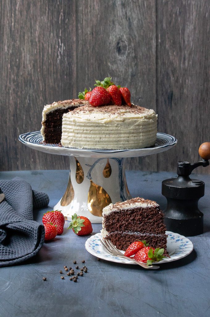 A cake sitting on top of a cake stand.