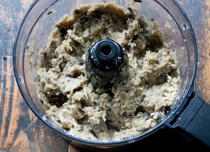 How to make eggplant meatballs: Step 2 - whiz ingredients until it forms a thick paste, but keep some chunks for texture