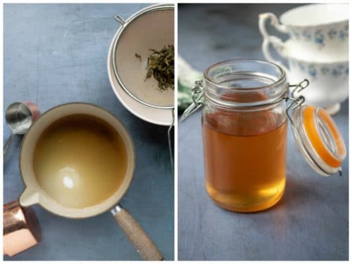 How to make tea simple syrup: Step3 - heat the tea infused water with sugar. Step 4 - allow to cool and pour into a sterilised jar.