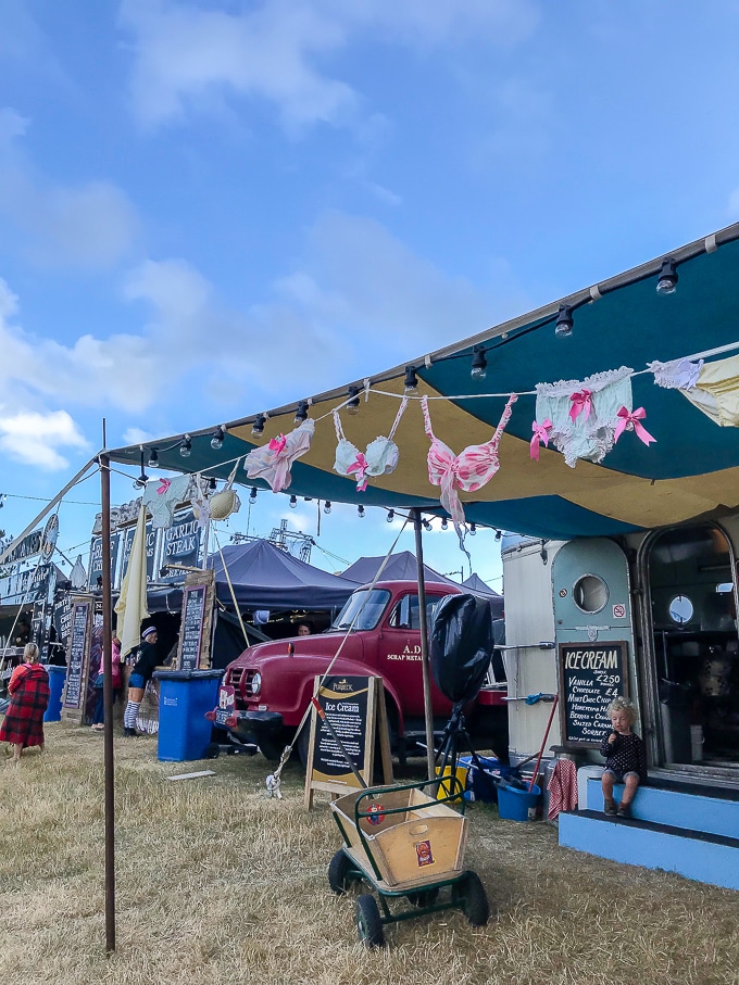 Retro waffle stand festooned with frilly knickers at Camp Bestvial