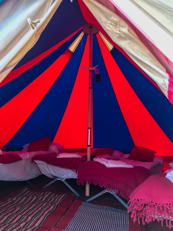 Inside a 4 person bell tent with camp beds and bedding - Bellepads by Podpads review (Camp Bestival 2018)