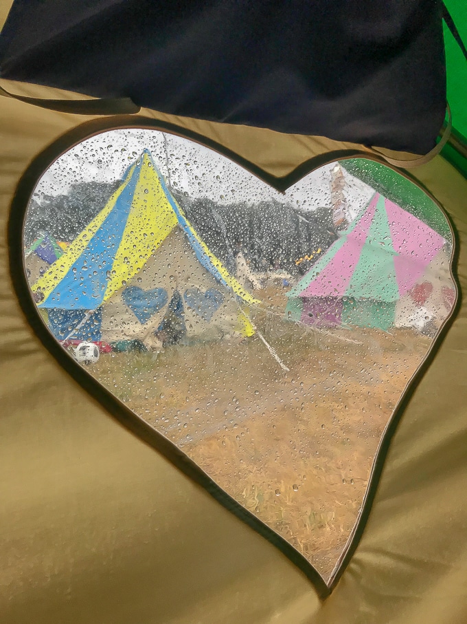 View through a heart shaped window from a Podpads Bellepad bell tent