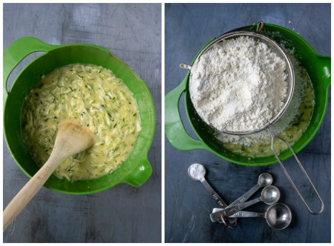 Step 3 mix the grated courgette into the wet ingredients. Step 4 - add the dry ingredients.