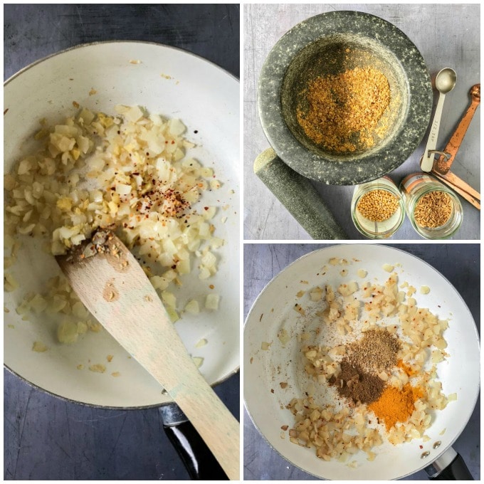 Collage: 1 pan of onions, 2 grinding spices, 3 spices in onions.