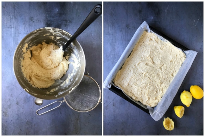 How to make a lemon drizzle traybake - Step 2 mix in the flour, step 3 pour into the prepared pan