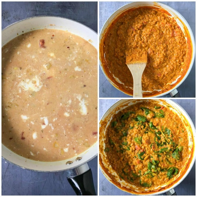 Collage: 1 tomatoes and coconut milk added to pan, 2 lentils stirred in, 3 spinach added.