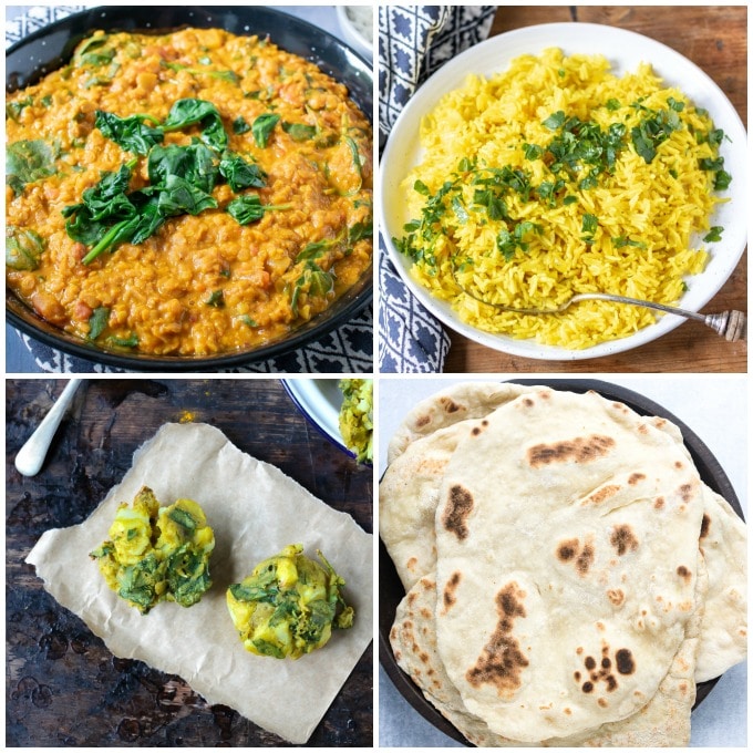 Collage of recipes: turmeric rice, naan and vegetable pakora.