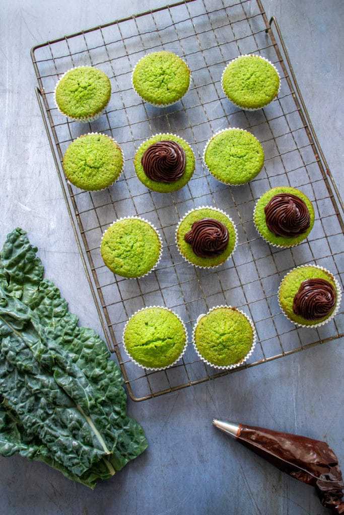 A dozen green cavolo nero cupcakes cooling on a vintage rack, with some being topped with chocolate frosting