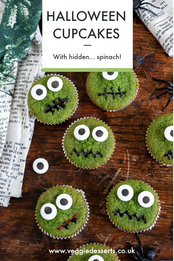 Spooky Halloween Cupcakes! The bright green cupcakes are coloured with hidden vegetable: spinach. You can't taste the leafy greens but they make it a vibrant colour. Decorate for Halloween.