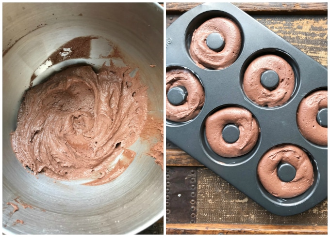 How to make chocolate vegan doughnuts - Step 3: mix well. Step 4: pipe into donut pan and bake