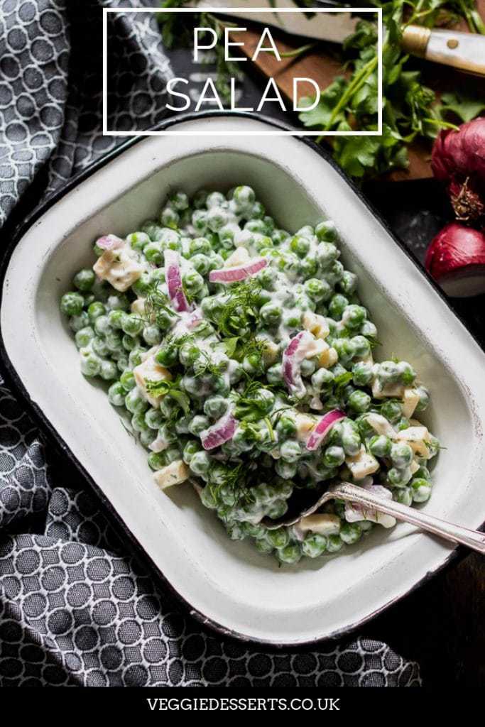 This creamy pea salad is easy to make (using frozen peas!) and it's full of flavour. It's a delicious side dish recipe for all seasons and sure to be your new favourite salad.  #peasalad #barbecue #sidedish #frozenpeas #veggiedessertsblog