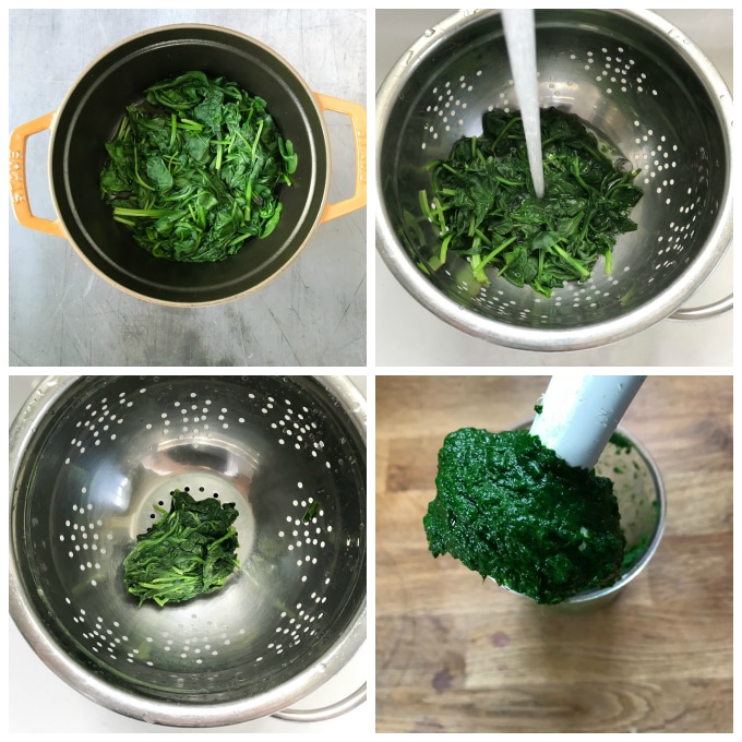 Collage: 1 cooking spinach, 2 rinsing, 3 draining, 4 pureeing.