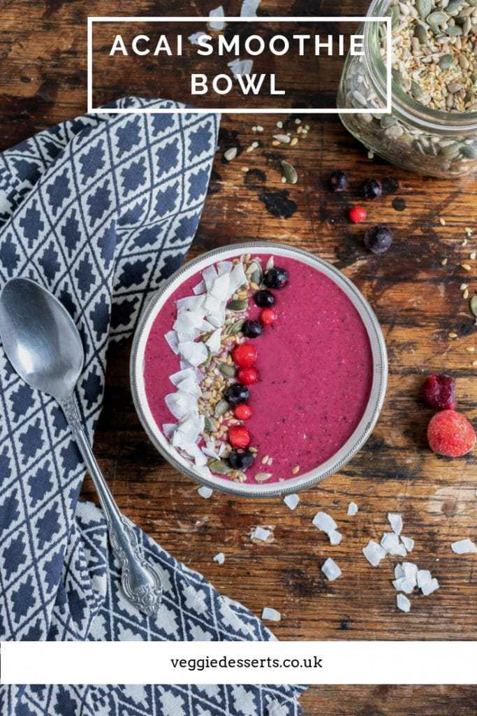 This tasty and vibrant acai smoothie bowl is a delicious vegan breakfast. It only takes a minute or so to whiz the freeze dried acai berry powder with a few simple ingredients. Berries, banana and oats bring extra goodness and make this smoothie bowl filling and delicious. #veggiedesserts #smoothiebowl #acaipowder