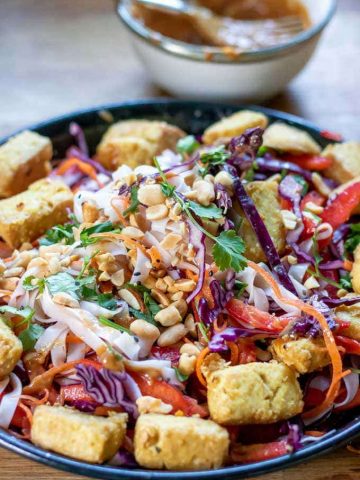 Dish of noodle salad with vegetables and tofu.