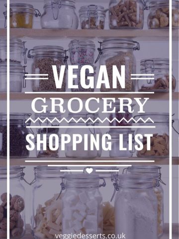 Pantry shelves, with text: Vegan Grocery Shopping List.