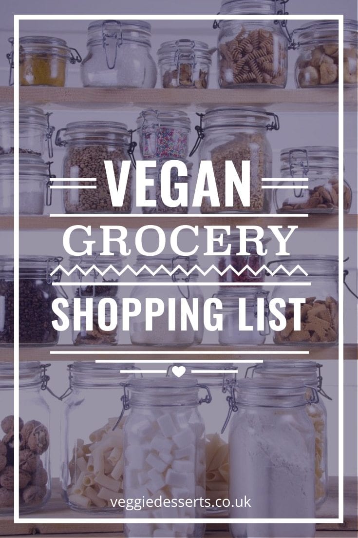 Pantry shelves with text overlay: Vegan Grocery Shopping List.