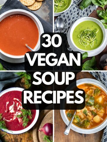 Collage of pictures of vegan soup recipes.