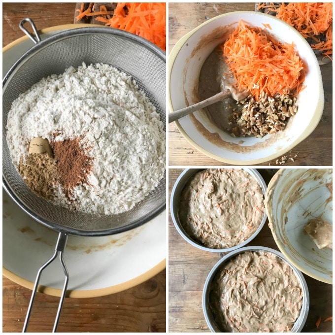 Adding dry ingredients to the batter, mixing and adding to cake pans.