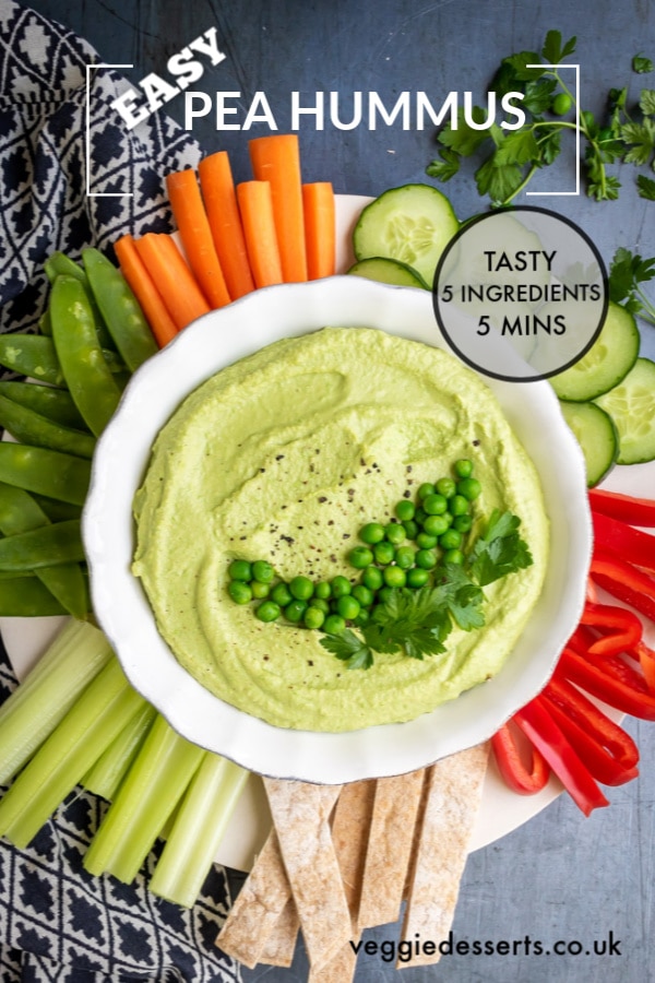 Pea hummus is a super easy, delicious bright green dip! It's really quick to make and full of flavour from the sweet peas. I've also used a secret ingredient to make it really smooth and light. #hummus #peahummus #dip #vegan #hummusrecipe