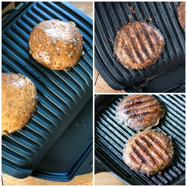 Collage: 1 grilling the mushrooms, 2 flipped, 3 finished.