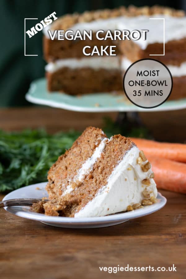 This 1-bowl vegan carrot cake is insanely delicious! It's moist, flavourful and super easy to make in just 35 minutes. It's a dairy free carrot cake and an eggless carrot cake, but it's so moist and tasty that nobody will guess that it's vegan! #vegancarrotcake #dairyfreecake #dairyfreecarrotcake #vegancake #egglesscarrotcake