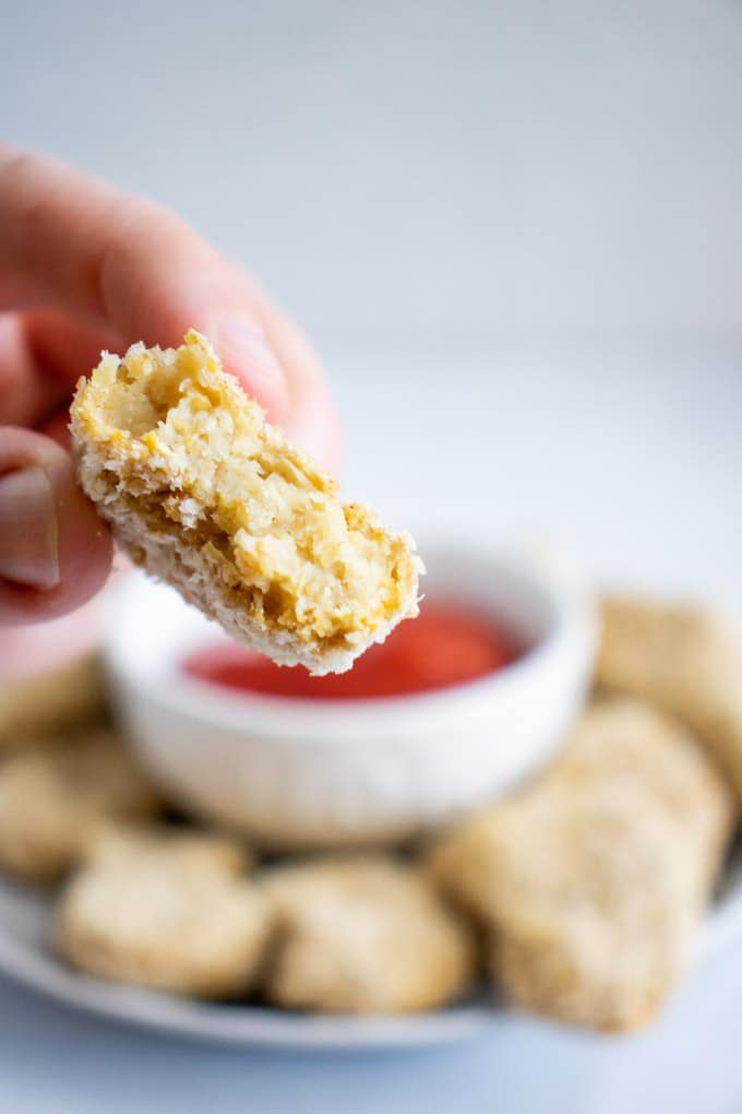 Close up of chickpea nuggets.