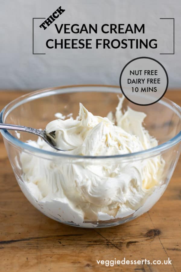 This thick, fluffy and tangy Vegan Cream Cheese Frosting is AMAZING! It's dairy free, nut-free, tofu-free easy to make in minutes and tastes delicious. Perfect on cupcakes, cake, cookies and more! #vegancreamcheesefrosting #veganfrosting #veganicing #dairyfreecreamcheesefrosting #dairyfreefrosting