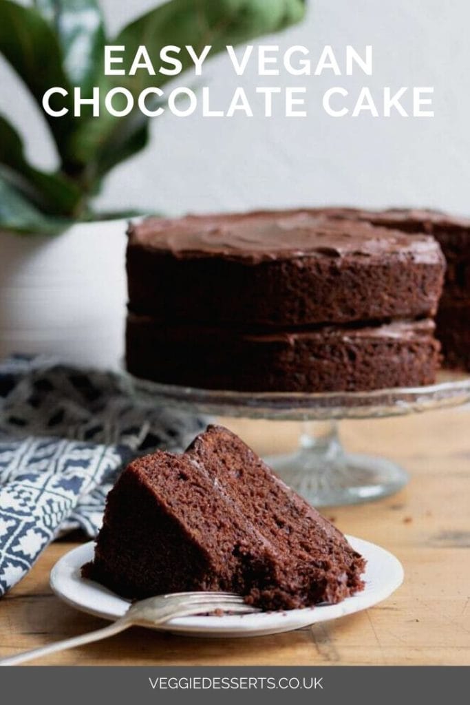 pinnable image for the best vegan chocolate cake recipe. Easy with no unusual ingredients.