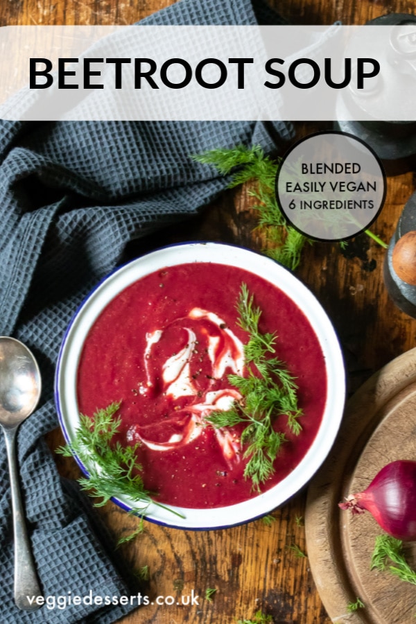 This beetroot soup is full of flavour! You only need 6 ingredients for this tasty vegan or vegetarian recipe. It is hearty, filling and an easy borscht. #beetsoup #beetrootsoup #vegansoup #beetrootsouphealthy #beetrootsoupvegan #beetrootsouprecipe