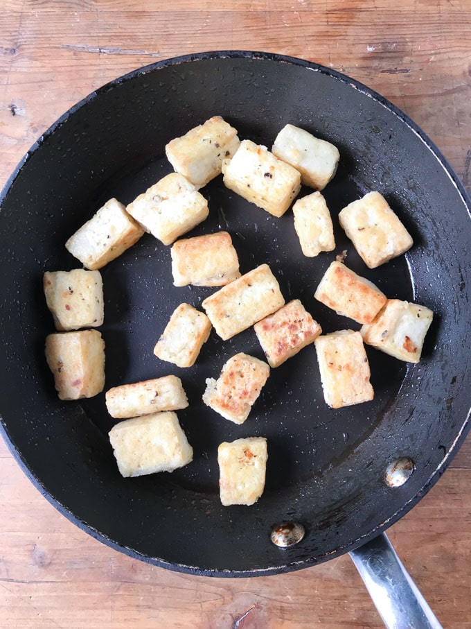 Frying tofu.