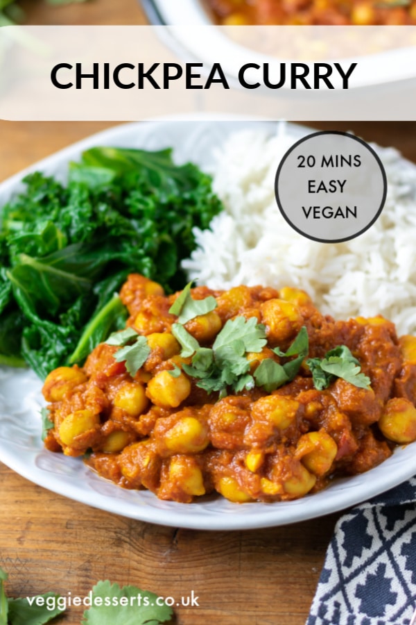This super-tasty vegan chickpea curry is easy, healthy and absolutely delicious! The tasty curry sauce is so easy to make. Plus, it's so quick and simple that it's perfect for a midweek meal. Coconut-free. Vegan, vegetarian, gluten-free, dairy free. #chickpeacurry #quickcurry #vegancurry #vegetariancurry