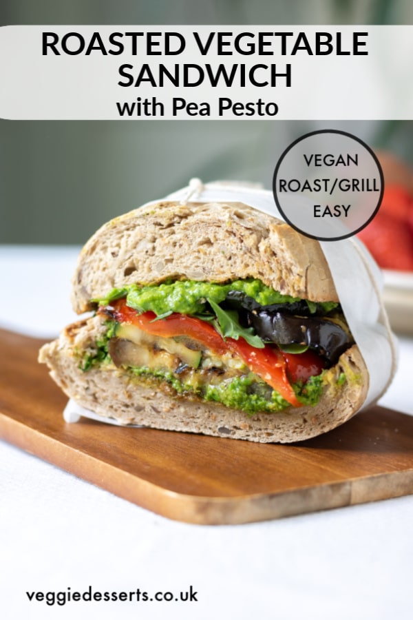 This roasted vegetable sandwich is extra delicious, and the quick pea pesto to bring extra awesome taste. Perfect for a picnic or lunch. Easy, vegan and vegetarian. Make it in the oven or on the grill. #grilledvegetables #roastedvegetablesandwich #vegansandwich #vegetariansandwichfillings #vegansandwichfillings #veggiedesserts #veganpicnic