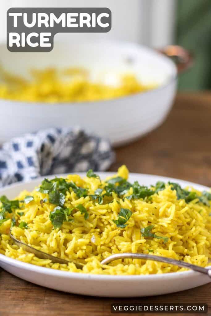 Dish of yellow rice, with text: Turmeric Rice.