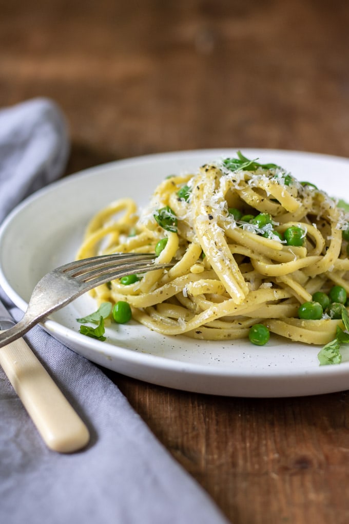 Plate of pasta and peas.