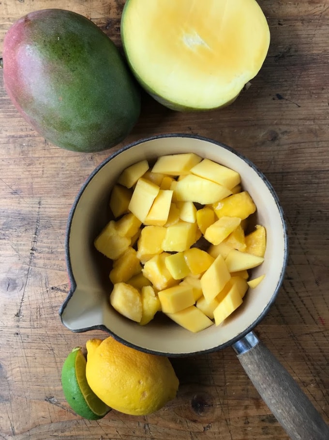Pot of mango chunks.