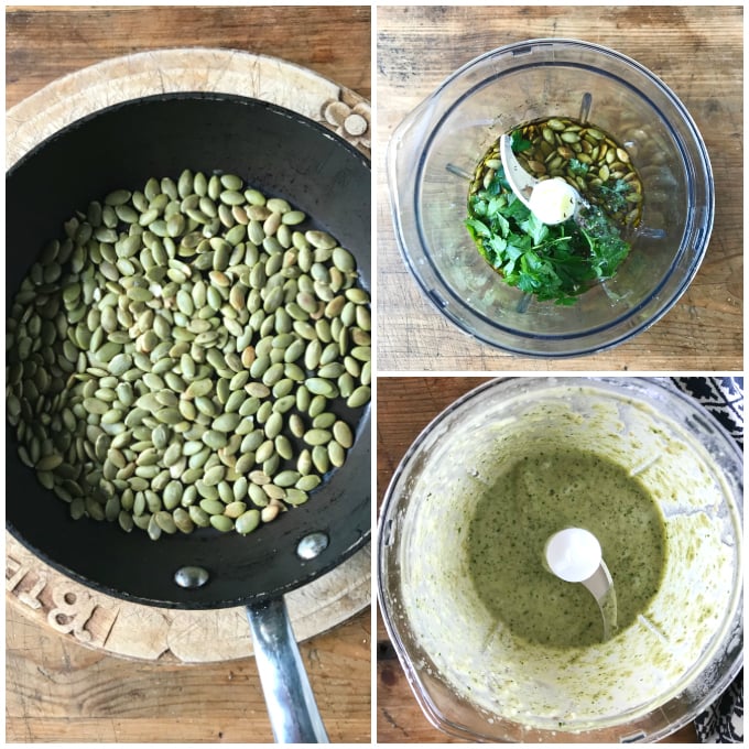 step by step images for making pumpkin seed / pepitas dressing