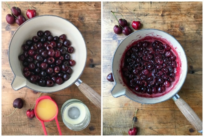 Collage: Pot of cherries and pot of cooked cherries.