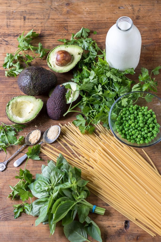 Flat lay of ingredients for green pasta