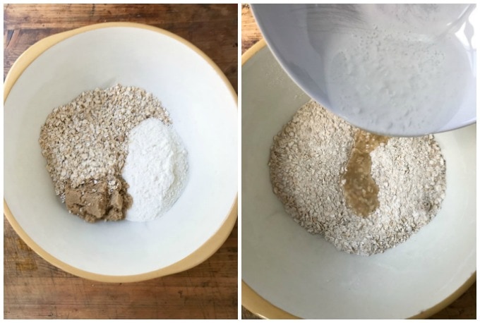 Collate: bowl of oats and other dry ingredients, 2 oil being added.