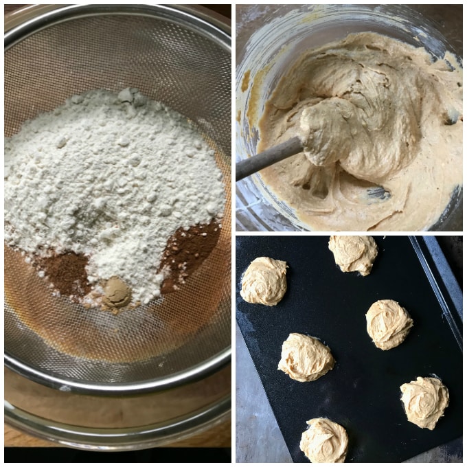 Collage showing sifting dry ingredients into a bowl, mixing it and cookies on a cookie sheet.