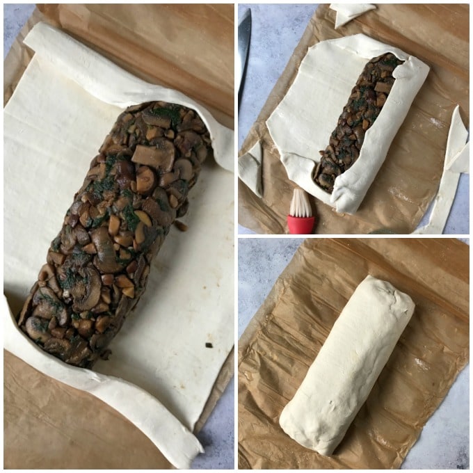 Wrapping the pastry around the mushroom filling.