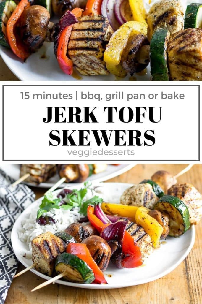 pinnable image for Jamaican jerk tofu skewers with vegetables