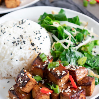 Close up of a plate of Chinese tofu, rice and greens recipe