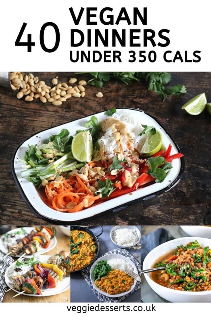pinnable image for 40 vegan dinners under 350 calories. Vegan diet recipes.