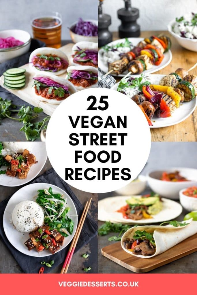 pinnable image for roundup of 25 vegan street food recipes